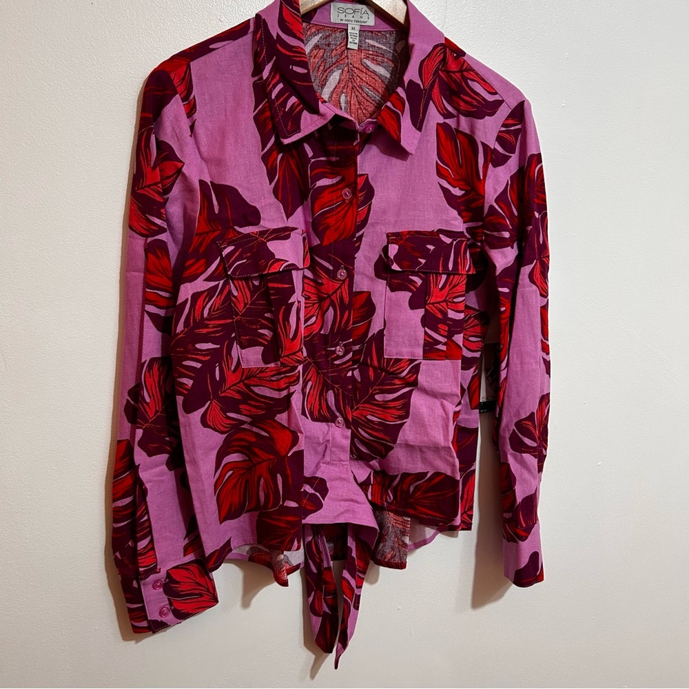 sofia by sofia vergara Purple Button-Down Shirt with Red Tropical Print